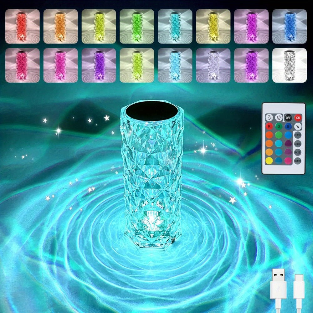 Crystal Diamond Rose Table Lamp RGB LED – Remote & Touch Control Dimmable USB Rechargeable Uplight for Home, Office, Dating & Parties, Perfect Gift for Women & Couples
