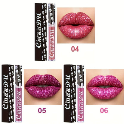 Three-Piece Skull-Design Glitter Lip Gloss Set with Nine Exact Color Combination Checkout Options