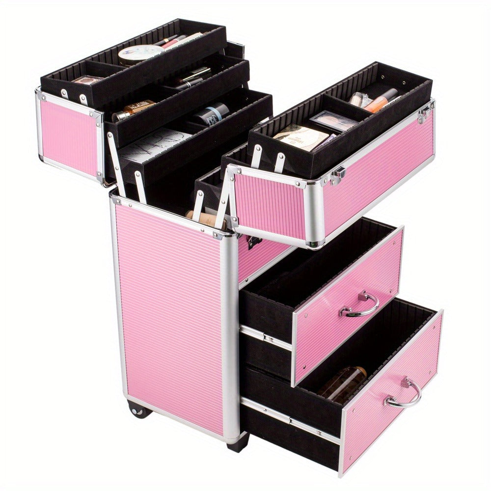 Pink Four-Tier Rolling Makeup Train Case with Fold-Out Top Trays, Two Drawers and Telescoping Handle