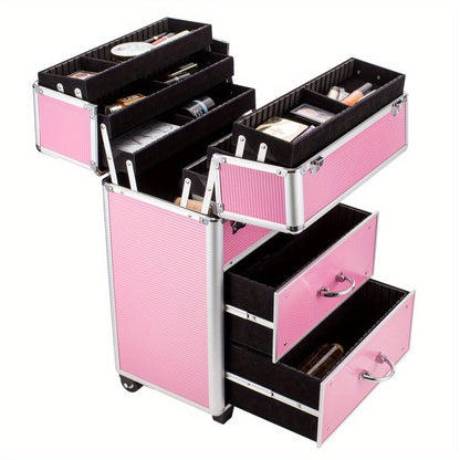 Pink Four-Tier Rolling Makeup Train Case with Fold-Out Top Trays, Two Drawers and Telescoping Handle
