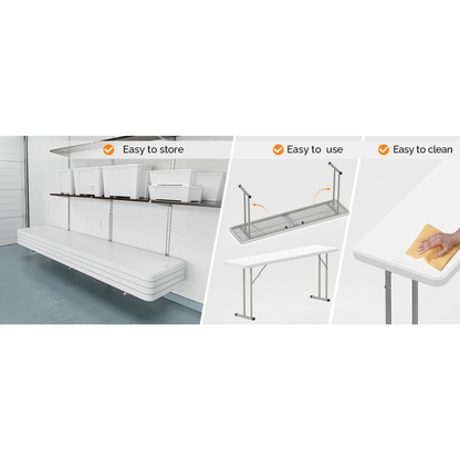 Narrow White 6-Foot Portable Folding Table with Rectangular Top and Folding Gray Leg Frame