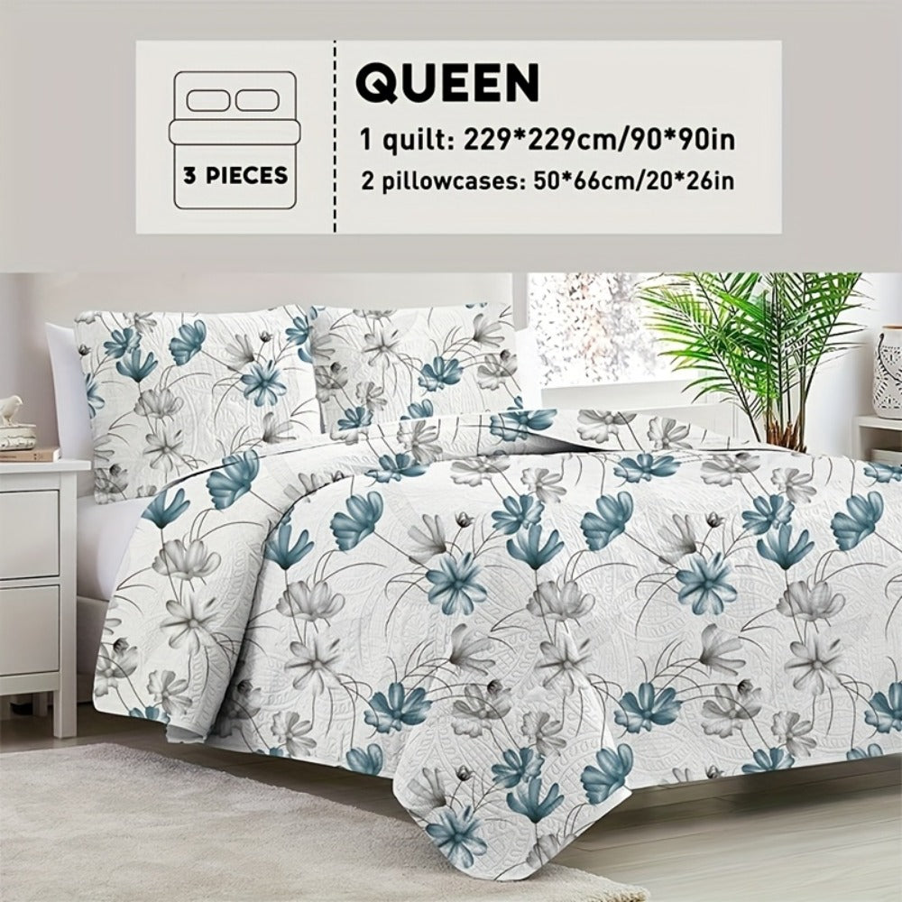 Reversible Botanical Microfiber Quilt Set with Pillow Shams, Five Patterns and Twin, Full/Queen or King Sizes