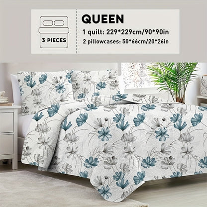 Reversible Botanical Microfiber Quilt Set with Pillow Shams, Five Patterns and Twin, Full/Queen or King Sizes