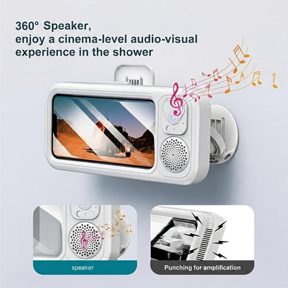 Shower Phone Holder Wall Mount with Bluetooth Speaker – 360° Rotating Waterproof Touchscreen Bathroom Phone Stand for iPhone 16 15 14 13 Samsung Galaxy Android – Hands-Free Bathtub Mirror Mount Black Pink White