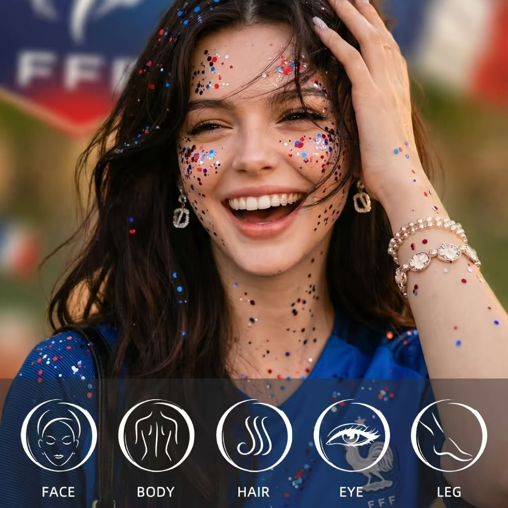 Red and Blue Glitter Makeup Stick for Face, Hair and Body at Patriotic Events, Sports and Stage Shows