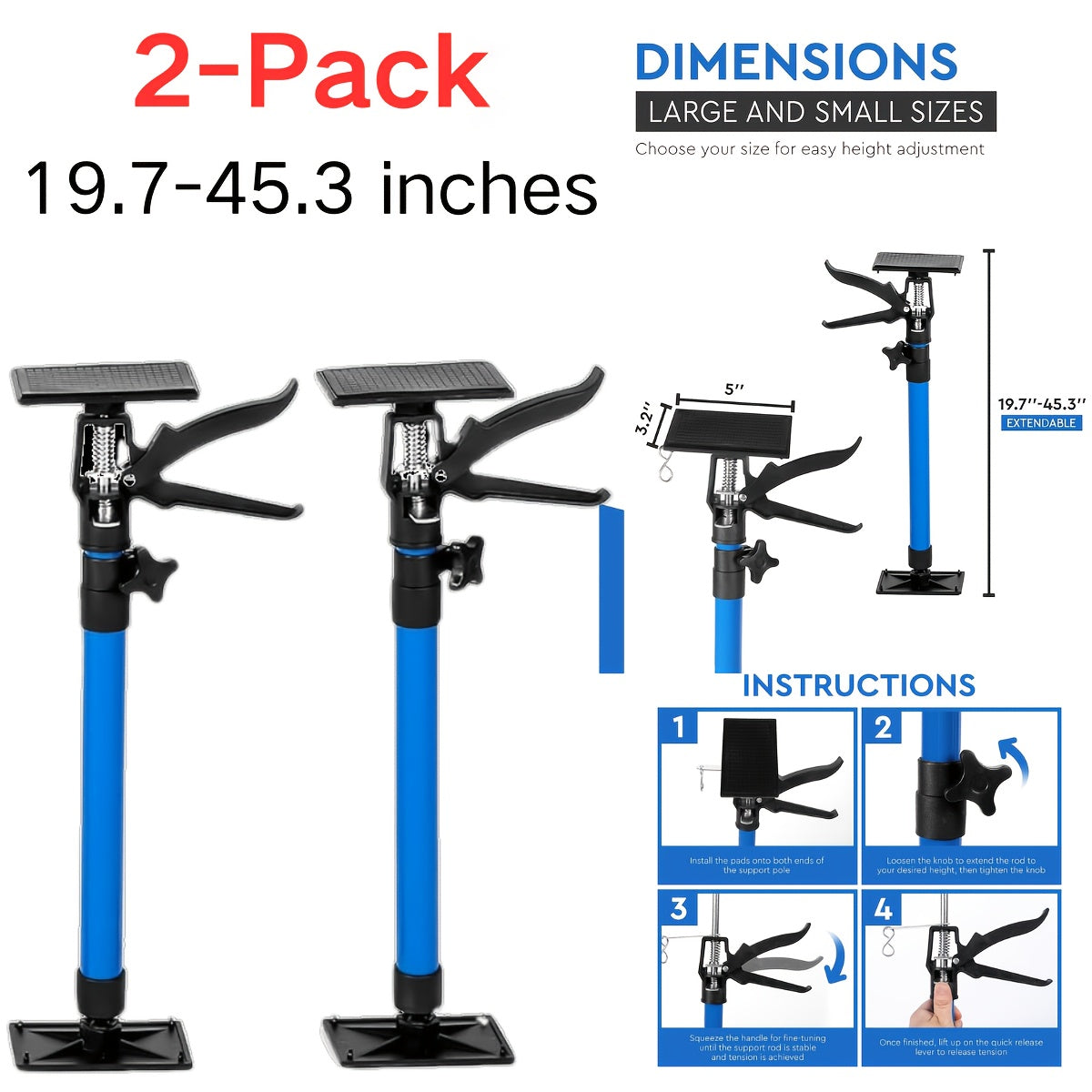 Adjustable Steel Support Rods for Drywall & Cabinet Installation, Extendable Construction Support Poles 19.7"-45.3" / 45"-114", Manual Lifting Tool Height Adjuster for Home Renovation, 2PCS & 4PCS Sets