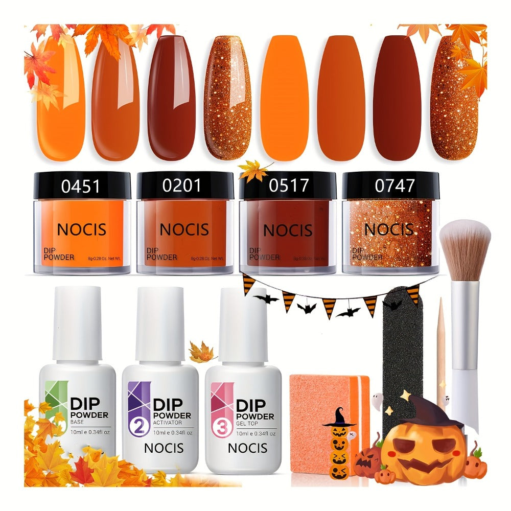 Dip Powder Nail Kit with NOCIS Label, Four Orange Brown Glitter Powders, Three 10ml Liquids and Four Tools