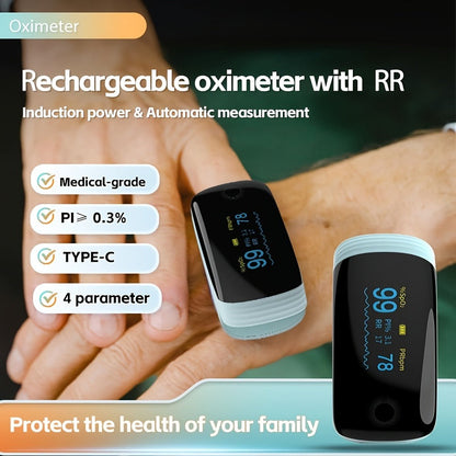 Rechargeable Fingertip Pulse Oximeter with Four-Parameter Display and Five Color Options from White to Blue