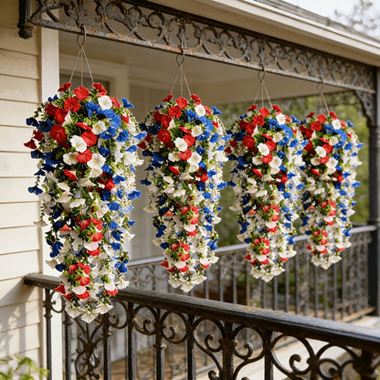 Artificial Flowers Six-Piece Hanging Morning Glory Vine Set in Red White and Blue for Seasonal Decor