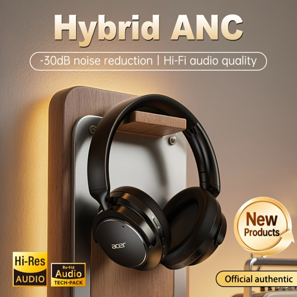 Acer OHR560 ANC Over-Ear Wireless Headphones, Full-Coverage Foldable Design HiFi Stereo HD ENC Call Noise Reduction Built-in Mic, 3.5mm Audio Cable Compatible for Work Travel Gaming Study