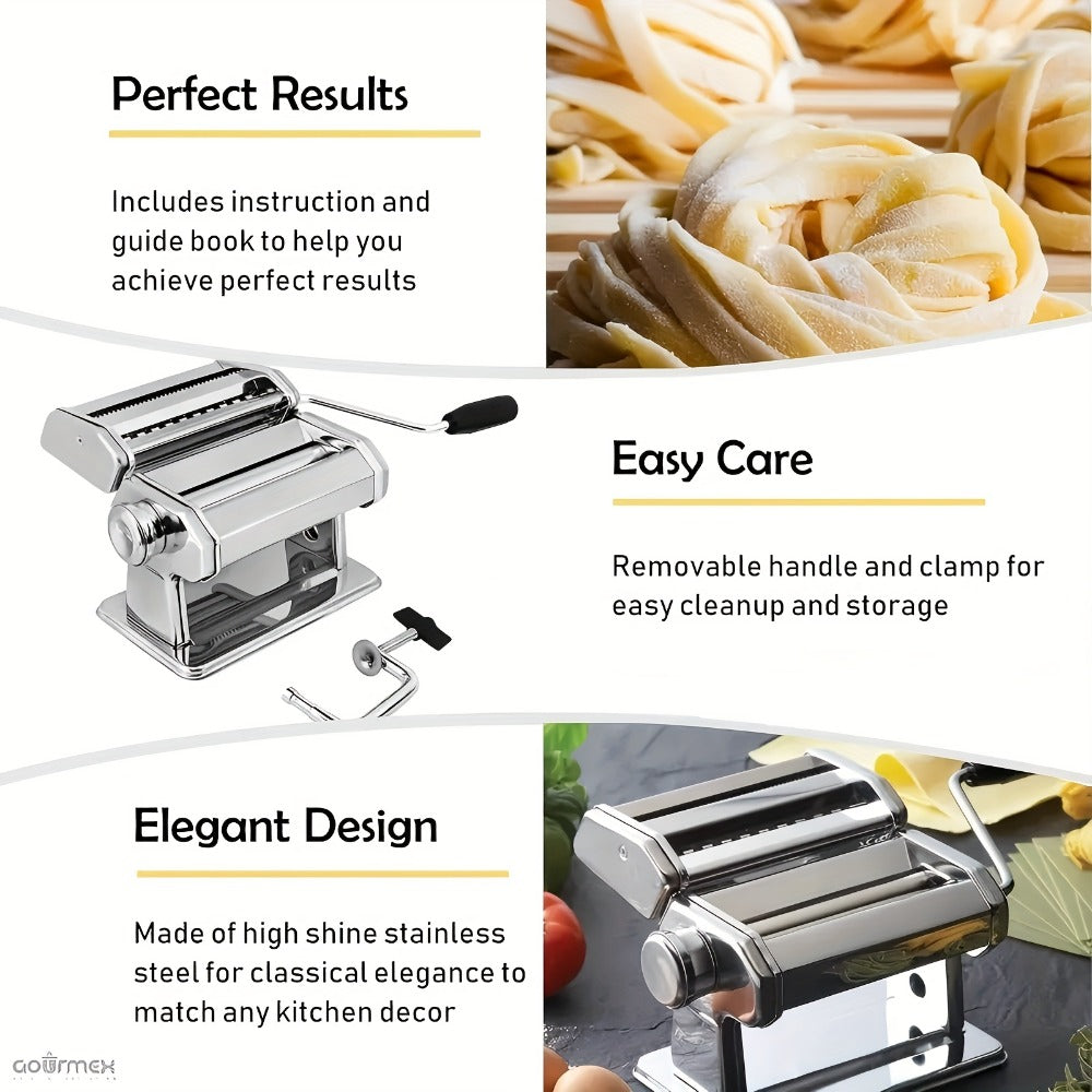 Pasta Machine with 8 Adjustable Thickness Settings, 2-in-1 Stainless Steel Manual Pasta Maker with Roller & Cutter