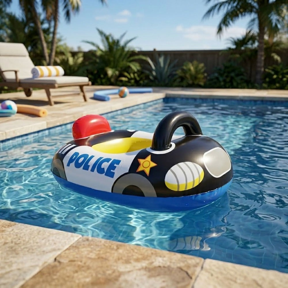 Car-Shaped Inflatable Pool Float with Black Printed Body, Center Opening and Steering-Wheel Detail