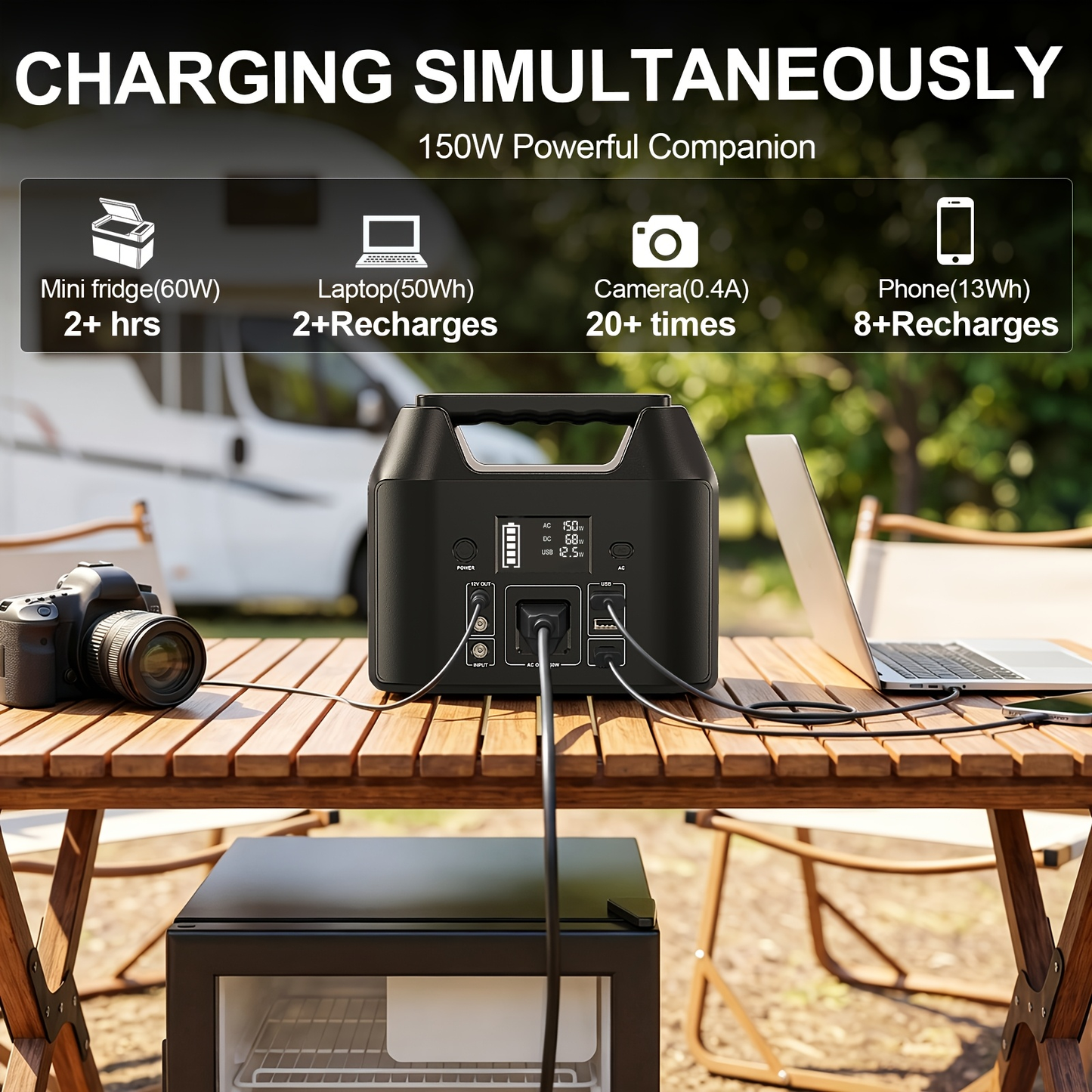 Portable Power Station 576Wh 650W or Compact 150W Configuration with Six Outputs and LED Light