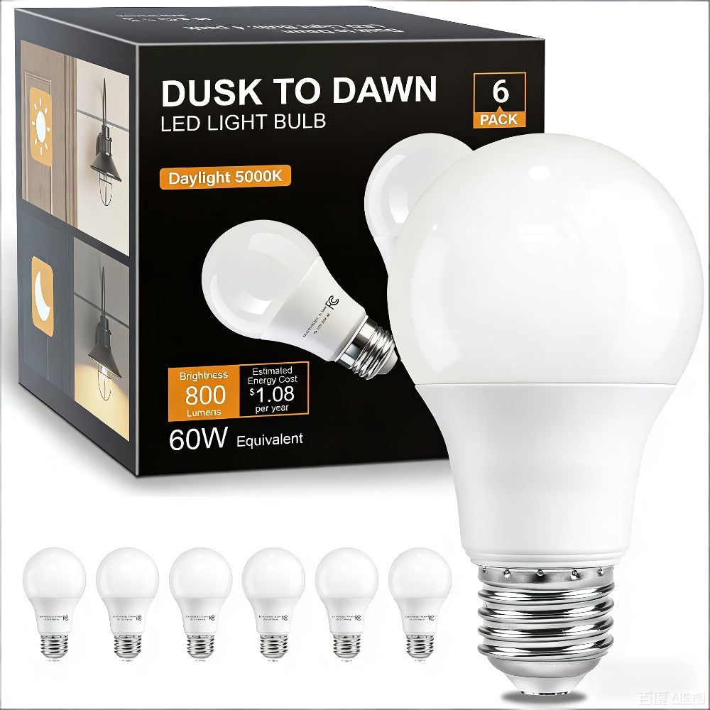 Dusk-to-Dawn A19 LED Sensor Bulbs, 9 W and 800 Lumens with E26 Base in 2700 K or 5000 K, Six-Pack