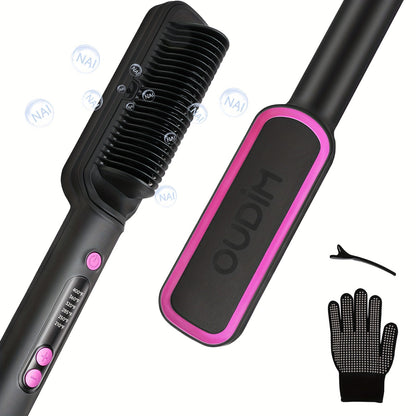 Ionic Hair Straightener Brush Anti-Scald – Precise Temperature Control Auto Shut-Off Straightening Comb Flat Iron for Women All Hair Types – Rose Gold, Black, Gift for Her