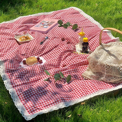 Tablecloth in Red Gingham Plaid with White Lace Edge for Picnic, Camping and Photo Backdrop Use