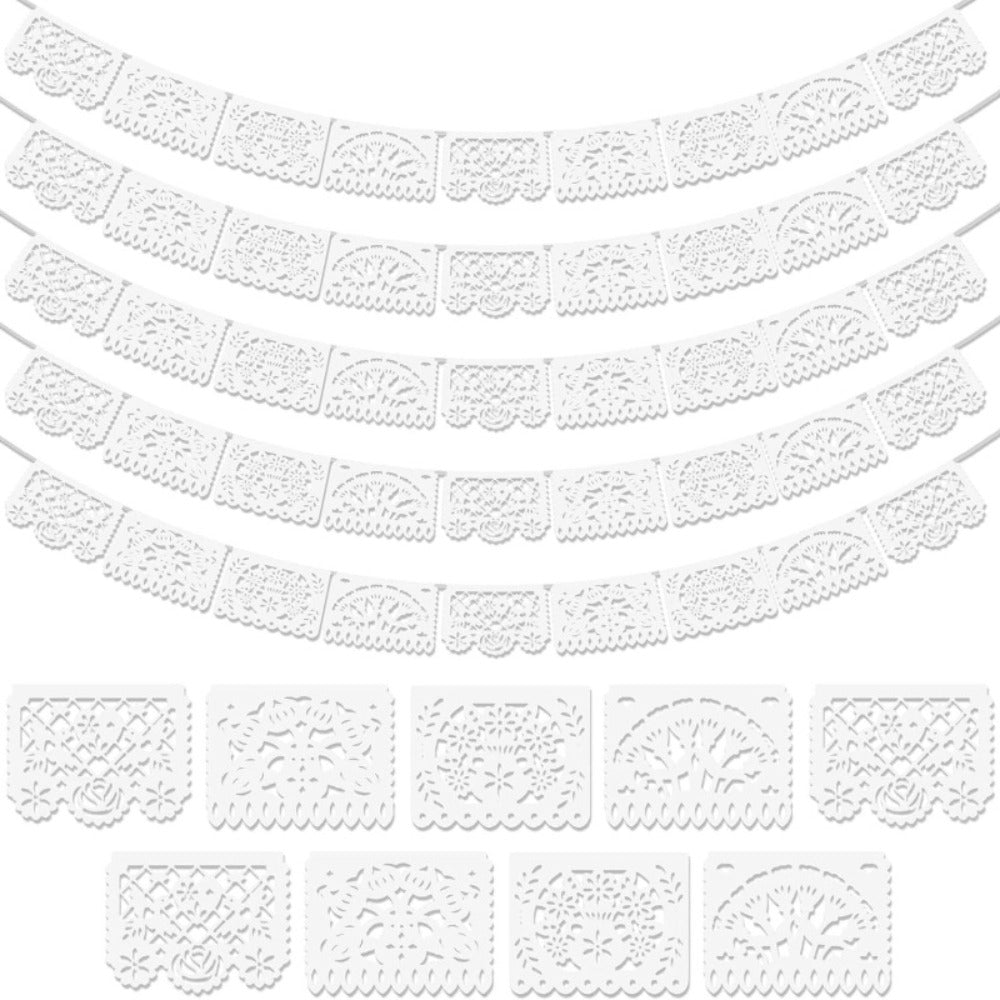 Party Decorations Five-Pack White Papel Picado Banner Set with Four Cutout Designs and 90ft Total Length