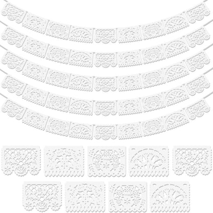 Party Decorations Five-Pack White Papel Picado Banner Set with Four Cutout Designs and 90ft Total Length