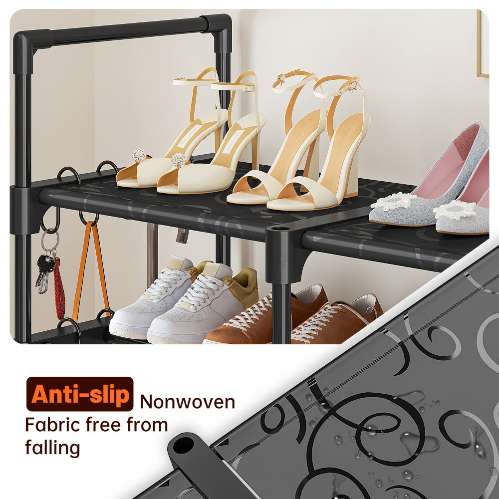 Shoe Rack 4-Row Metal Organizer with 6-Tier 55-Pair or 9-Tier 64-Pair Black Configurations