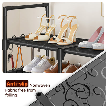 Shoe Rack 4-Row Metal Organizer with 6-Tier 55-Pair or 9-Tier 64-Pair Black Configurations