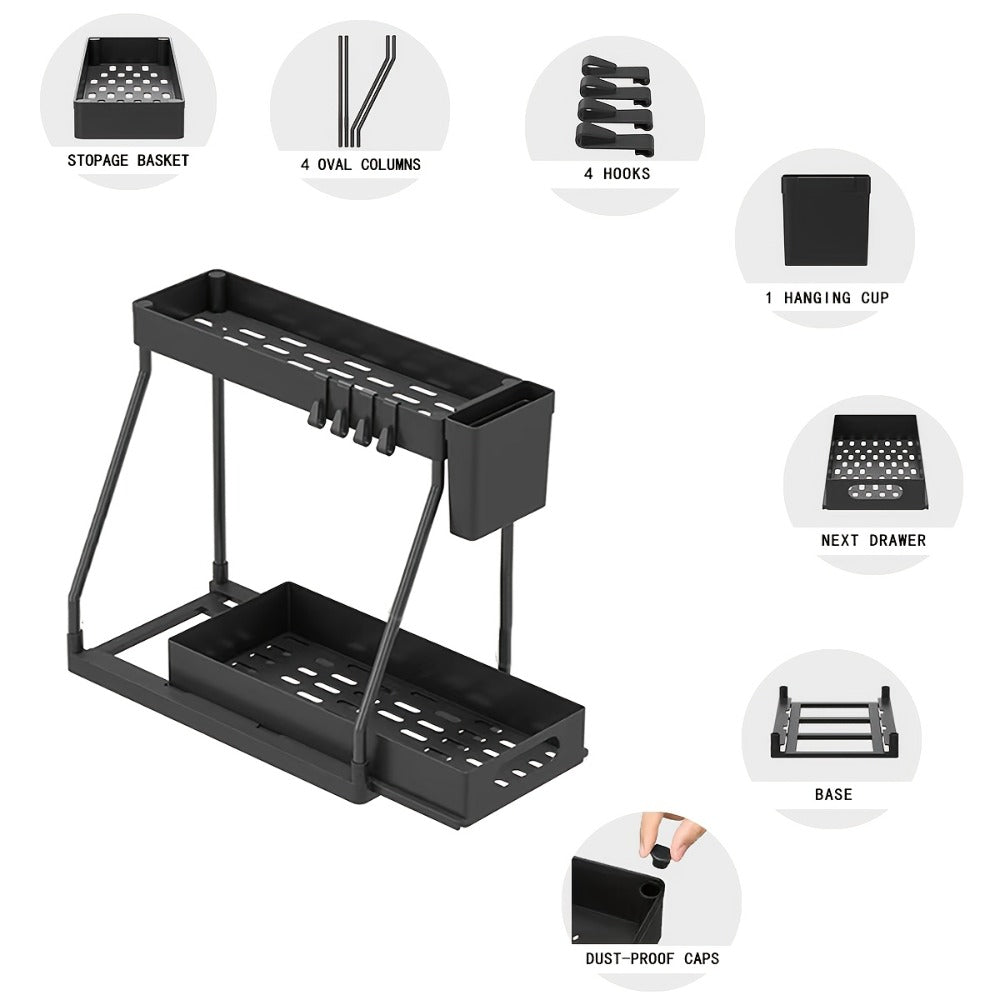 Under Sink Storage Organizer 2-Piece Sliding Shelf Set in Black or White for Kitchen and Bathroom