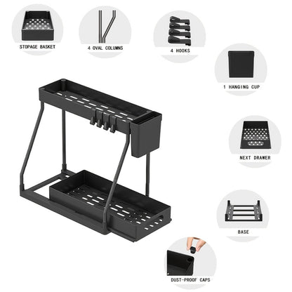 Under Sink Storage Organizer 2-Piece Sliding Shelf Set in Black or White for Kitchen and Bathroom