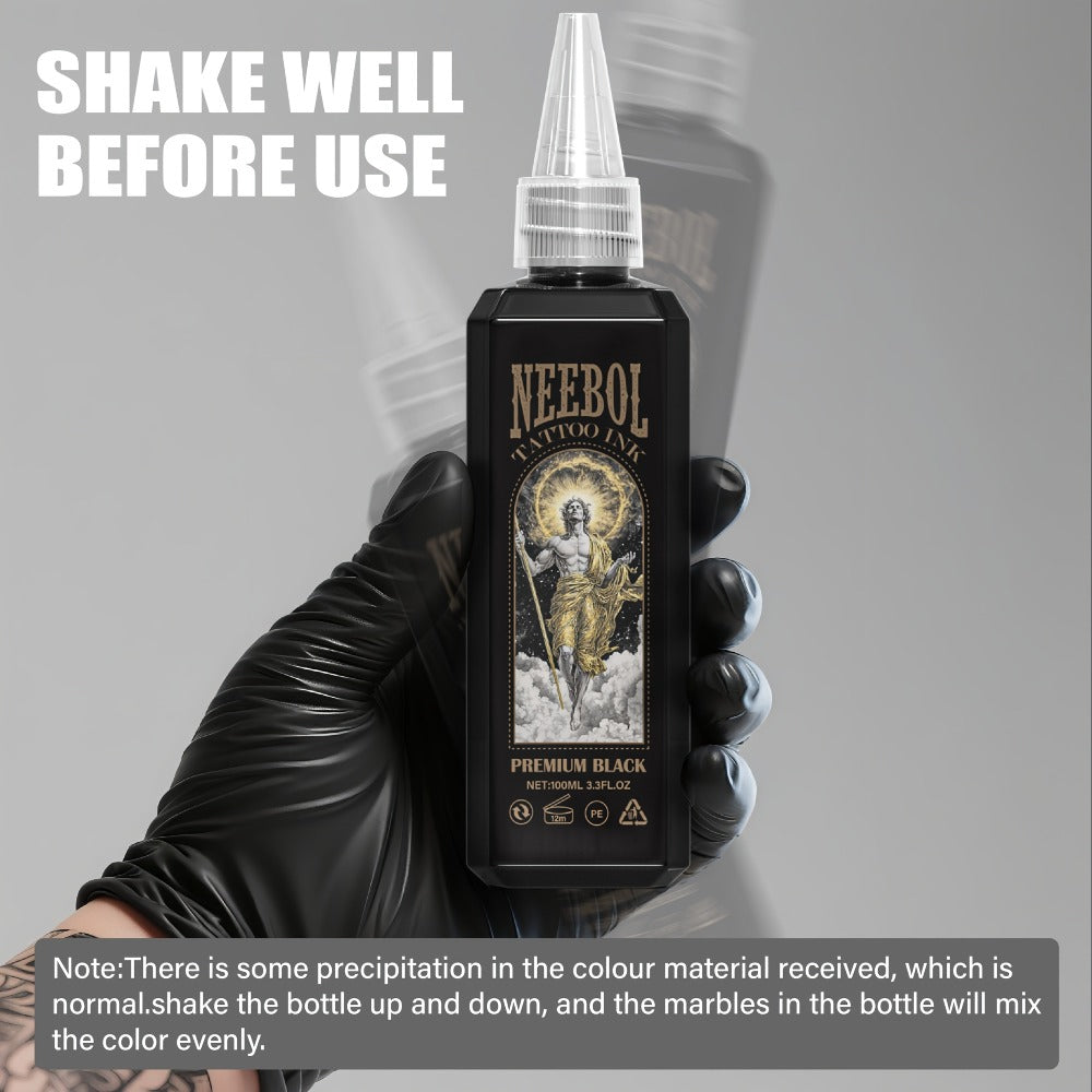 Black Tattoo Ink 3.38oz 100ml - Neebol Premium Super Dark Formula for Outlining Shading Blending, Long-Lasting Fade-Resistant Body Art Ink for Professional Tattoo Artists & Beginners