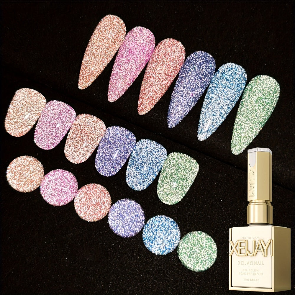 Gel Nail Polish Set with XEIJAYI Label, 6 Crushed Starlight Glitter Colors in 0.51oz Bottles
