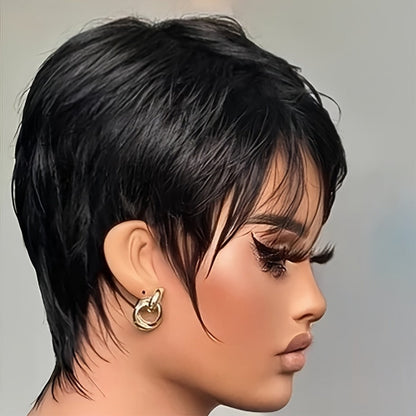 Brazilian Remy Human Hair Pixie Cut Wig with Bangs 6 Inch Short Layered 150% Density Glueless Rose Net Cap Natural Black African Hair Compatible Women Men Daily Wear