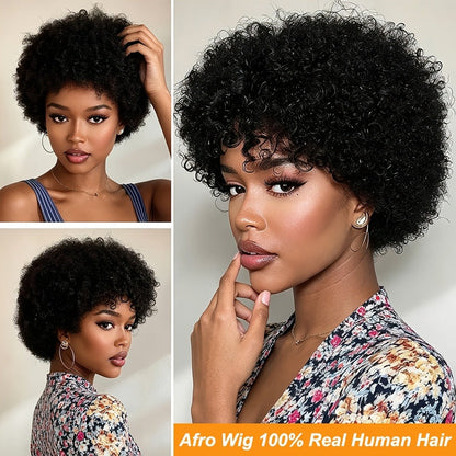6-Inch Kinky Curly Afro Human Hair Wig with Glueless Cap and Deep Grey, Camel or Ginger Color