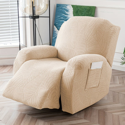 Four-Piece Recliner Chair Cover Set with Leaf Jacquard Pattern, Side Pocket and Six Color Options