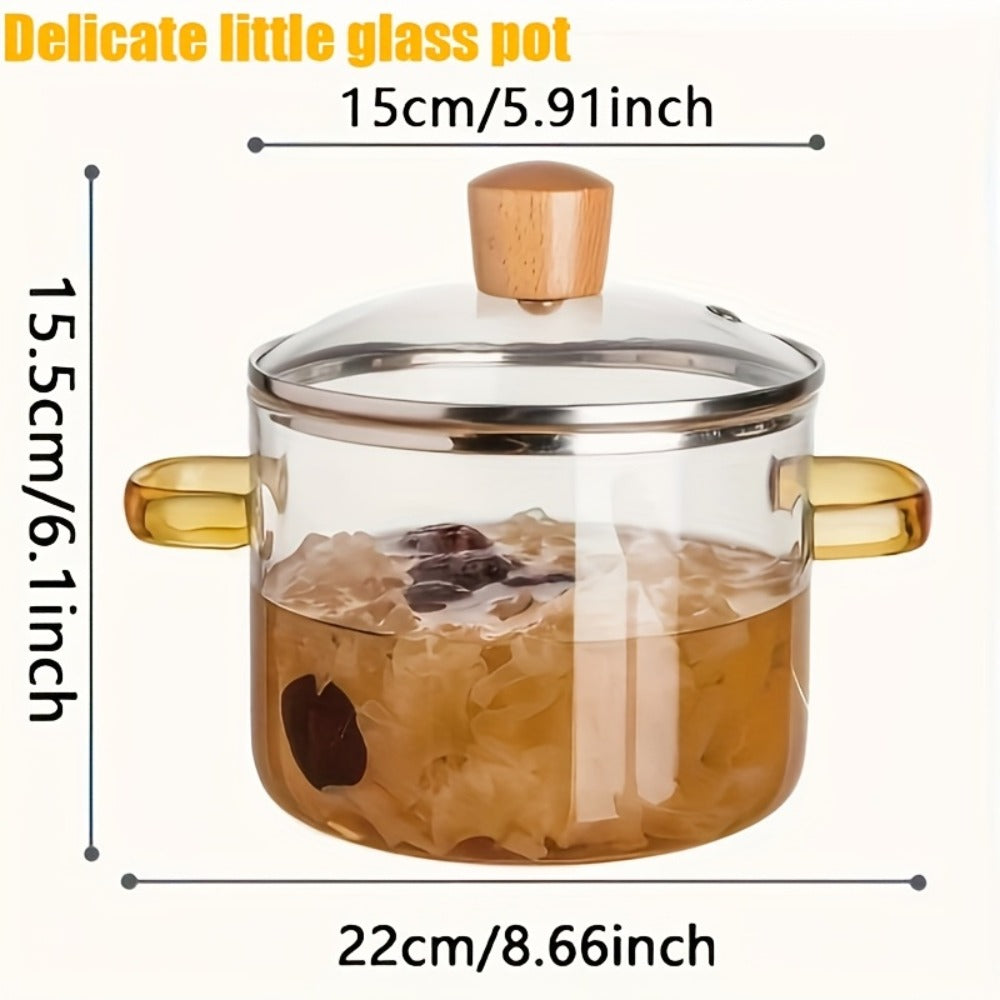 Borosilicate Glass Pot with Lid 50oz Stovetop & Microwave Safe – Double Heat-Resistant Handles for Soup, Milk & Porridge | Transparent Glass Saucepan Kitchen Cooker with Yellow or Green Handle
