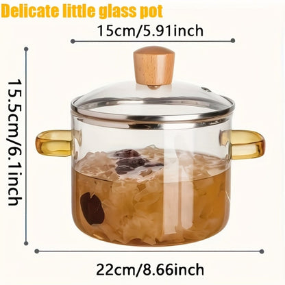 Borosilicate Glass Pot with Lid 50oz Stovetop & Microwave Safe – Double Heat-Resistant Handles for Soup, Milk & Porridge | Transparent Glass Saucepan Kitchen Cooker with Yellow or Green Handle