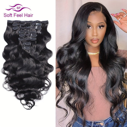 Clip In Human Hair Extensions Body Wave 8pcs 120g Full Head Real Human Hair Clip Ins Natural Black 1B Thick Voluminous Seamless Blend Heat Styleable Dyeable Women 12-26 Inch