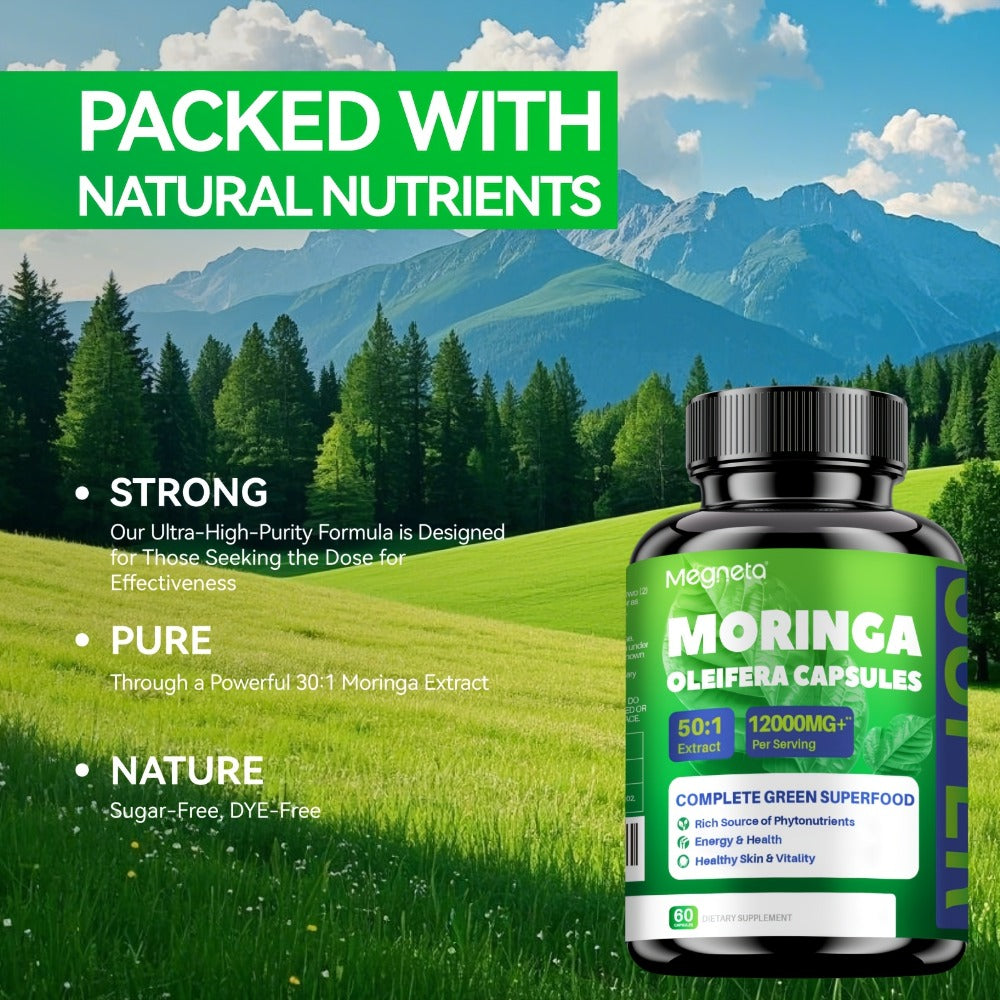 Herbal Supplements with Megneta Label, Moringa Oleifera 12000mg per Serving, 60 Capsules per Bottle