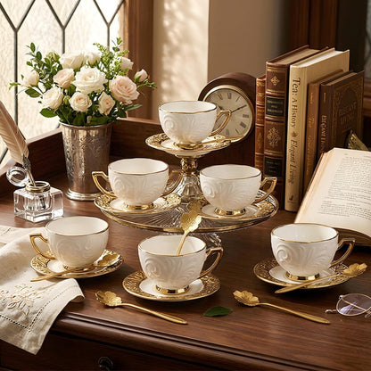 Espresso Cups Set 12 Pcs – 7.44 Oz Small Ceramic Cappuccino Cup Set with 6 Cups, 6 Trays & 6 Spoons – Elegant Coffee & Tea Cup Set with Handles – Perfect Gift for Coffee Lovers