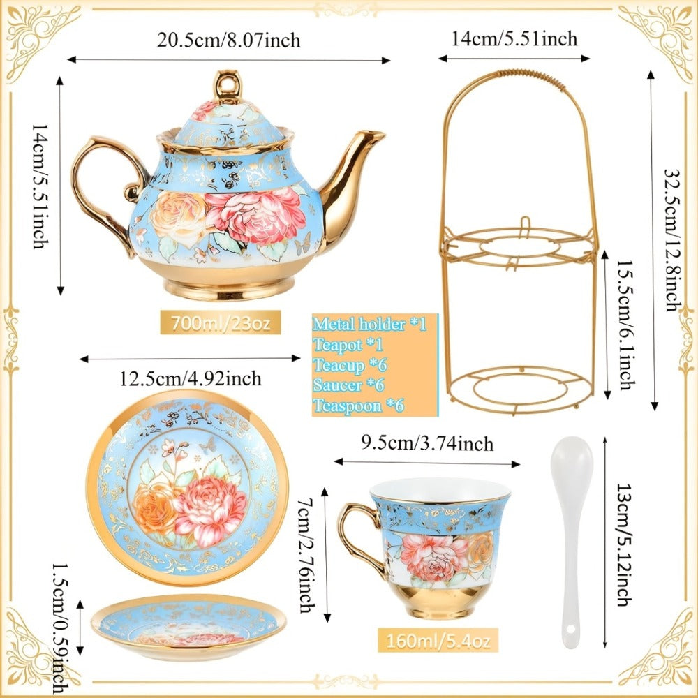 Twenty-Piece Floral Ceramic Tea Set with 15-Ounce Teapot, Six Cups, Saucers, Spoons and Gold Rack