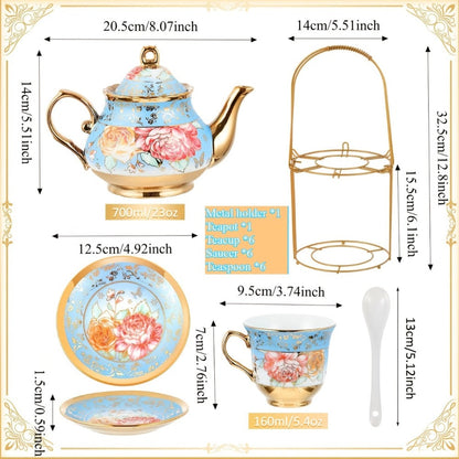 Twenty-Piece Floral Ceramic Tea Set with 15-Ounce Teapot, Six Cups, Saucers, Spoons and Gold Rack