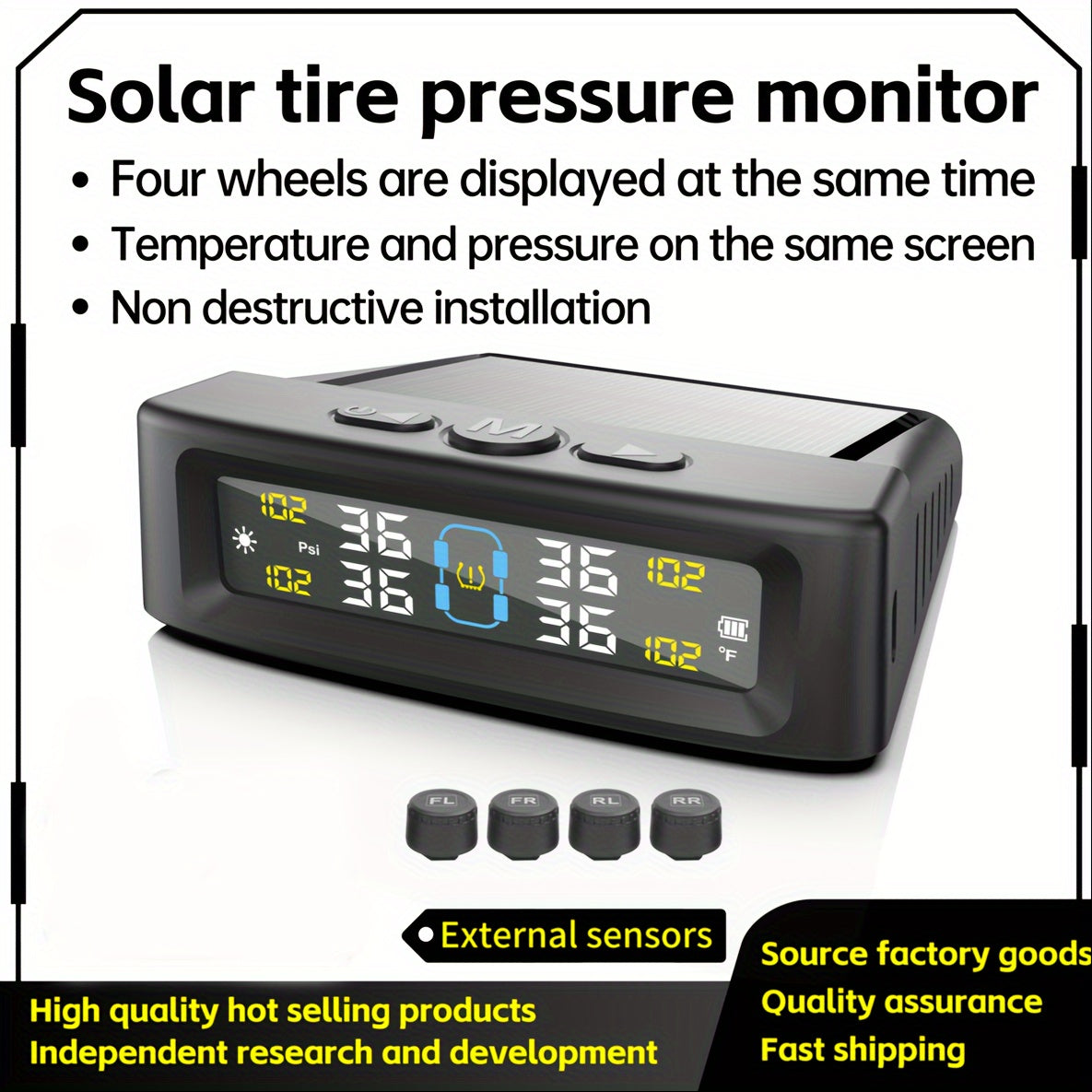 TPMS Tire Pressure Monitoring System – Wireless Solar & USB Powered, External Sensors, Universal Fit for 36V & Below Vehicles, Model T12