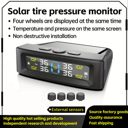 TPMS Tire Pressure Monitoring System – Wireless Solar & USB Powered, External Sensors, Universal Fit for 36V & Below Vehicles, Model T12