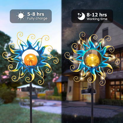 Solar Garden Lights Blue Sun-Shaped LED Stake, IPX4 Rated with Separate Solar Panel for Path Decor