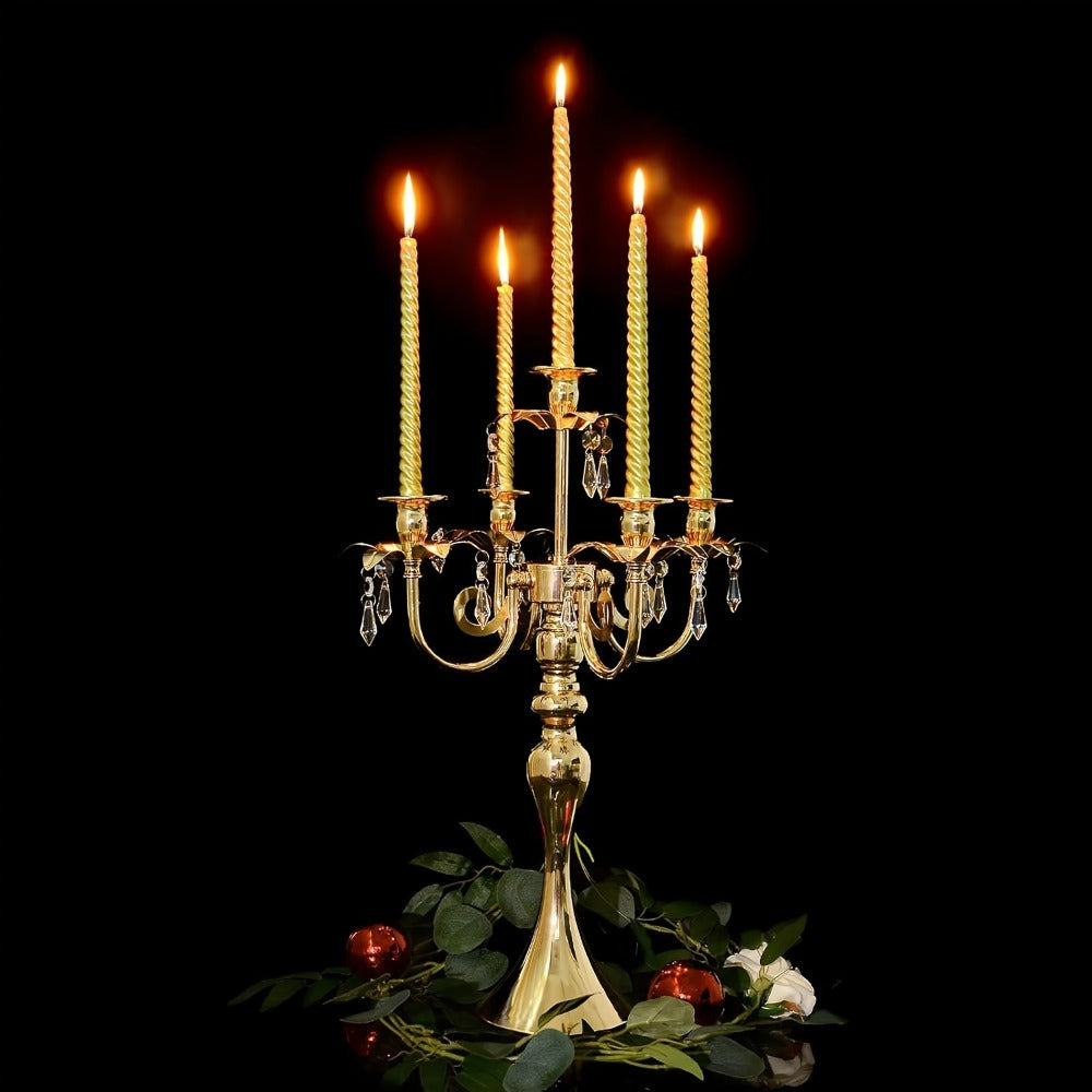 Candle Holder Set of 2 Golden Metal Five-Arm Candelabras, 20.3-Inch Tabletop Stands for Taper Candles