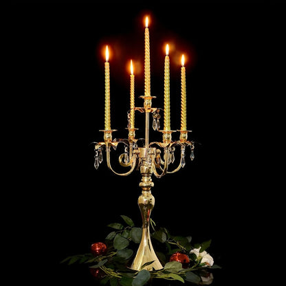 Candle Holder Set of 2 Golden Metal Five-Arm Candelabras, 20.3-Inch Tabletop Stands for Taper Candles