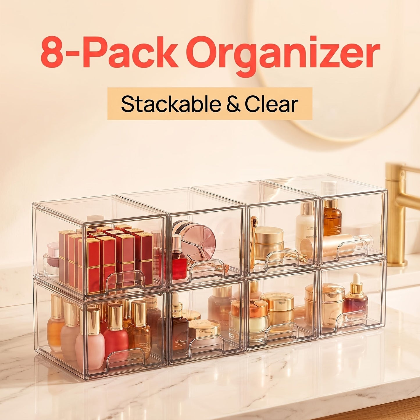 Clear Stackable Storage Drawers, 8-Pack Pull-Out Organizer Bins for Bathroom Cabinets, Vanity Desks and Countertops