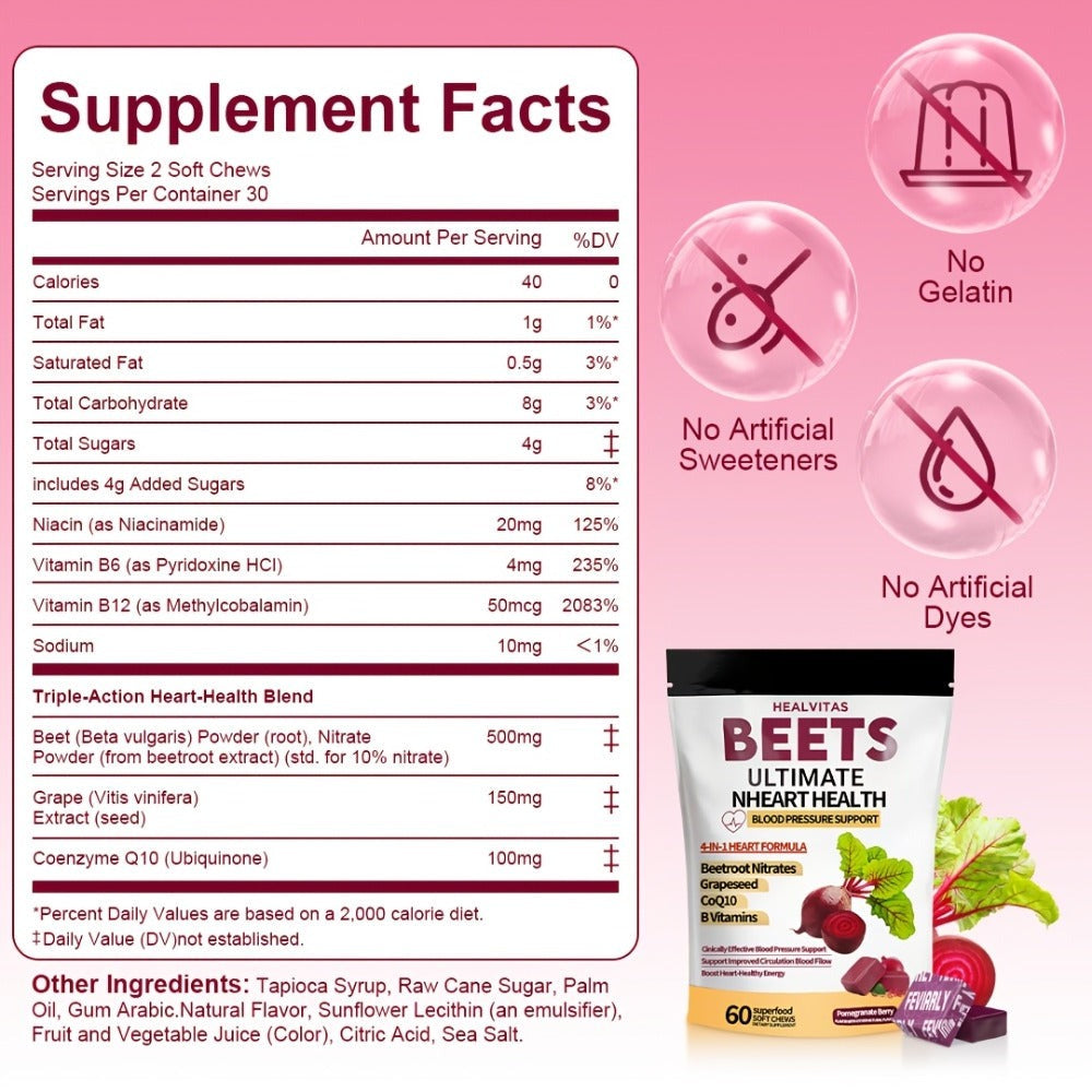 Beetroot Chewable Tablets with Natural Nitrates & Concentrated Beet Root Extract - Supports Circulatory System, Nitric Oxide Production & Cardiovascular Health - Dietary Supplement