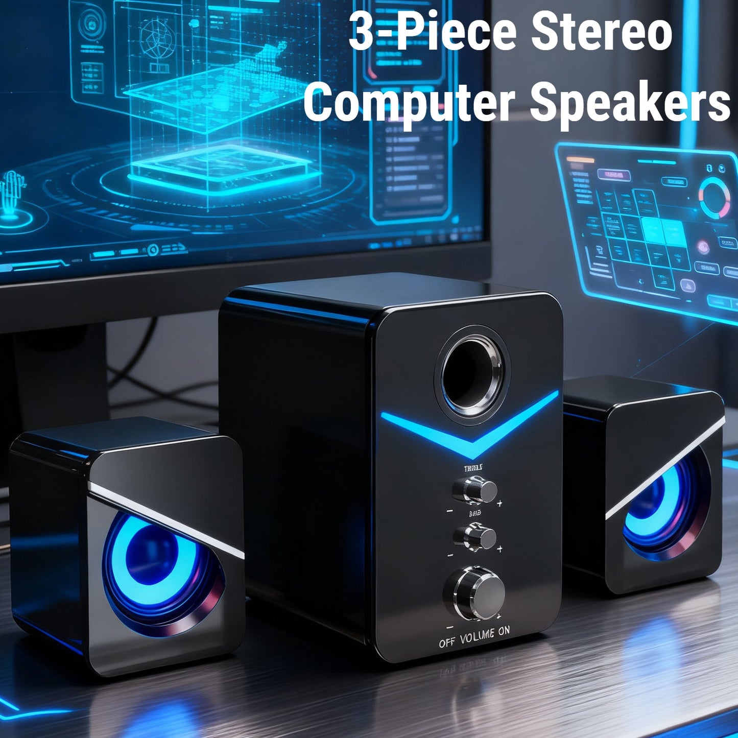 3-Piece Desktop Speaker System with Subwoofer | USB Powered PC Speakers, 3.5mm Audio Jack, Independent Bass & Treble Control, Blue LED Light – Stereo Sound for PC, Laptop, Mac & Home Office