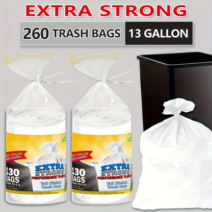 13-Gallon White Trash Bags with Tie Handles, 260-Count Household Pack in Two Large Rolls for Bins