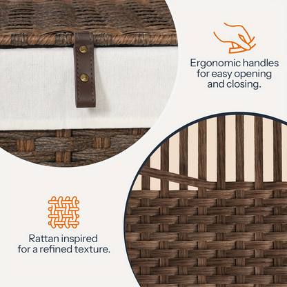Large Storage Basket with Lid & Handles - 220L Handwoven Wicker Blanket Basket, Metal Frame, Soft Lining, Foldable for Bedroom, Laundry Room & Living Room
