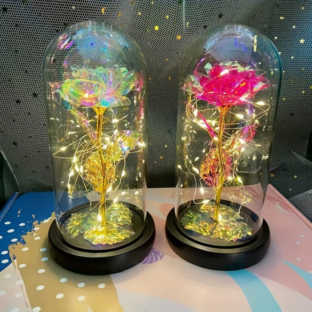 LED Rose Flower in Glass Dome, Eternal Foil Rose with LED Light, Romantic Valentine's Day Gift for Girlfriend, Mother's Day Wedding Bridesmaid Desktop Decoration, Battery Powered