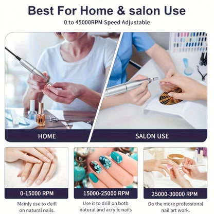 Electric Nail Drill 45000 RPM Rechargeable Kit with Bits, Sanding Bands and Three Model Color Options